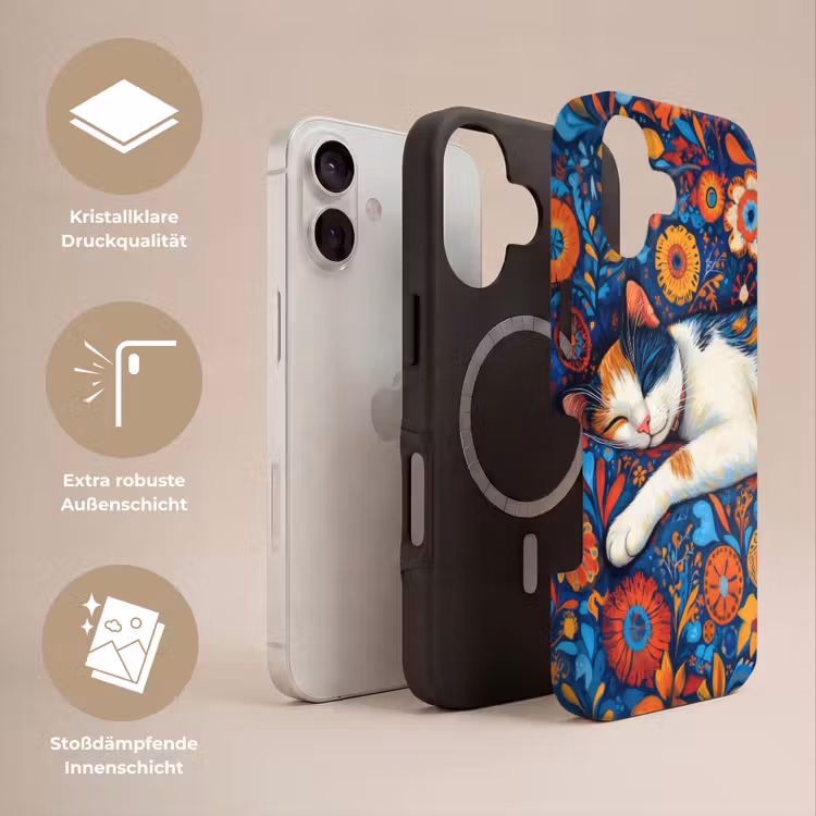 Kat - Bloemenpatroon - Blauw - Oranje Toughcase MagSafe Apple iPhone 17 klein -USP_Lagen_DE