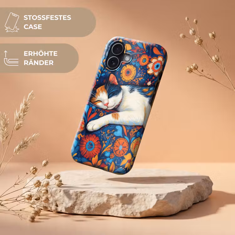 Kat - Bloemenpatroon - Blauw - Oranje Toughcase MagSafe Apple iPhone 17 klein -USP_RandenV_DE