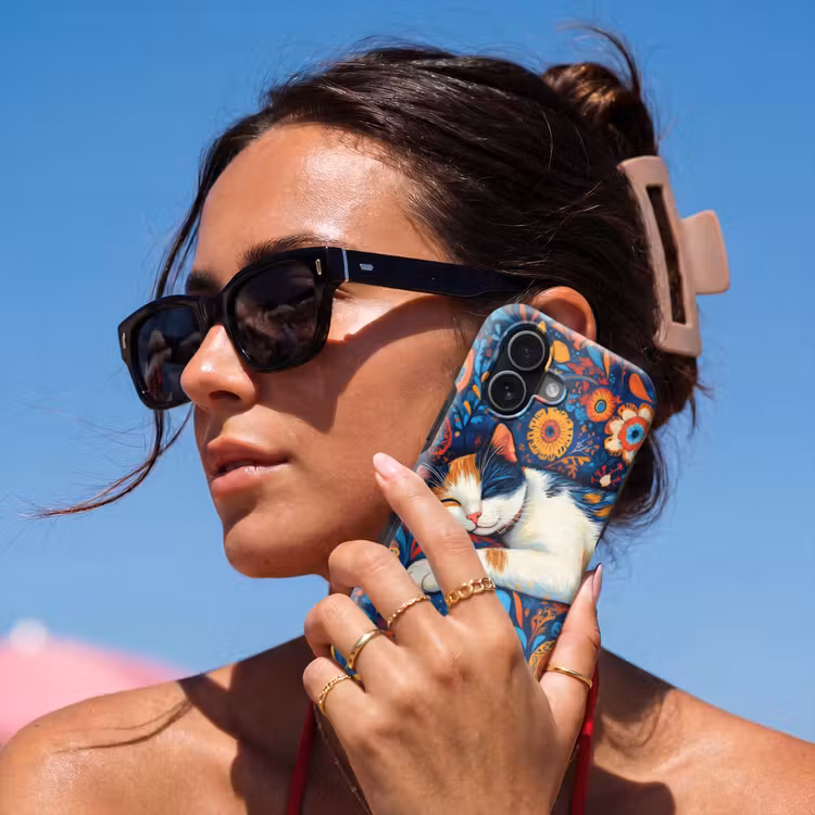 Kat - Bloemenpatroon - Blauw - Oranje Toughcase MagSafe Apple iPhone 17 klein -Sfeer2V
