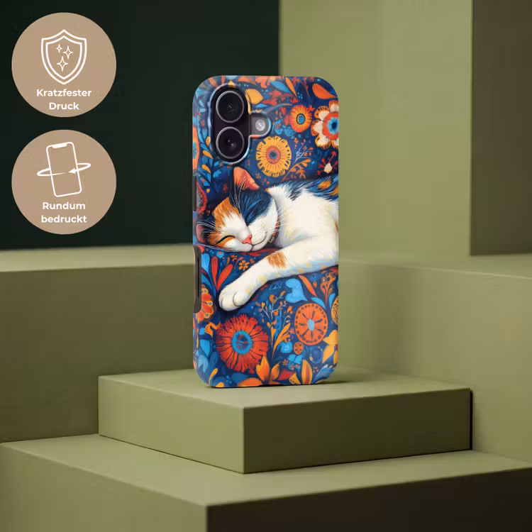 Kat - Bloemenpatroon - Blauw - Oranje Toughcase MagSafe Apple iPhone 17 klein -USP_PrintM_DE