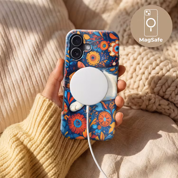Kat - Bloemenpatroon - Blauw - Oranje Toughcase MagSafe Apple iPhone 17 klein -USP_MagsafeV