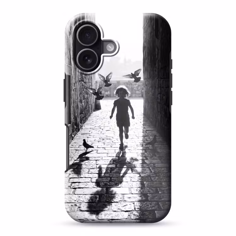 Kind - Vogel - Straat - Zwart-wit - Spelen Toughcase MagSafe Apple iPhone 17 klein -3d