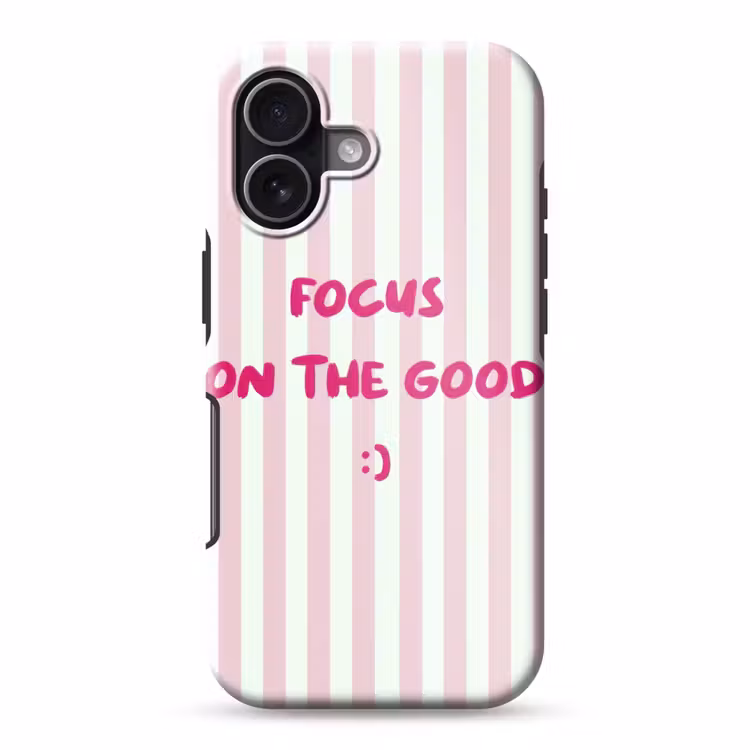 Focus on the good - Strepen - Roze - Smiley Toughcase MagSafe Apple iPhone 17 klein -3d