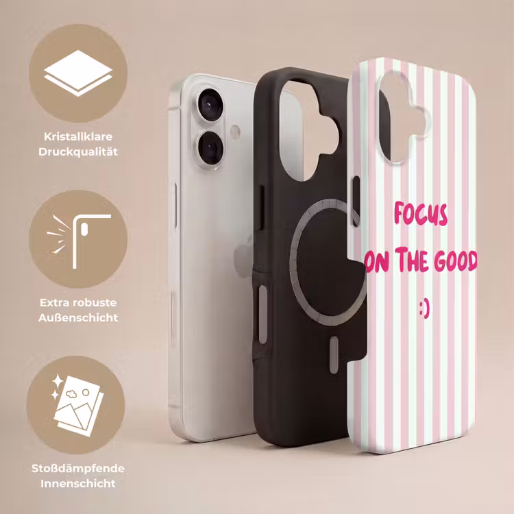 Focus on the good - Strepen - Roze - Smiley Toughcase MagSafe Apple iPhone 17 klein -USP_Lagen_DE