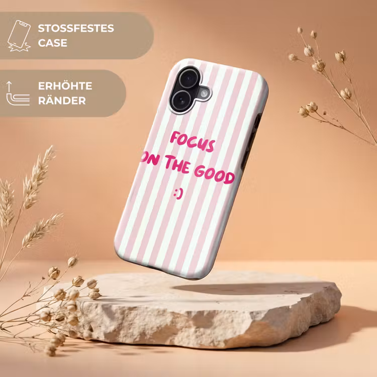 Focus on the good - Strepen - Roze - Smiley Toughcase MagSafe Apple iPhone 17 klein -USP_RandenV_DE