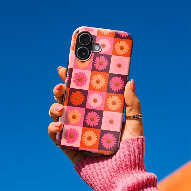 Madeliefjes - Dambord - Retro - Roze - Oranje Toughcase MagSafe Apple iPhone 17 klein 1017 -Sfeer1V