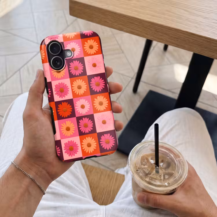 Madeliefjes - Dambord - Retro - Roze - Oranje Toughcase MagSafe Apple iPhone 17 klein 1017 -Sfeer1M