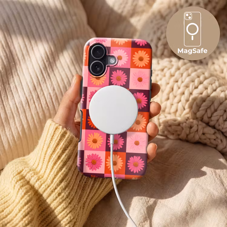 Madeliefjes - Dambord - Retro - Roze - Oranje Toughcase MagSafe Apple iPhone 17 klein 1017 -USP_MagsafeV