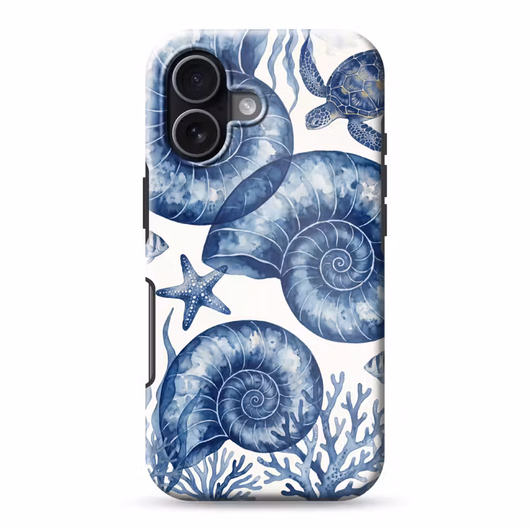Schelp - Spiraal - Zeeleven - Aquarel - Blauw Toughcase MagSafe Apple iPhone 17 klein -3d