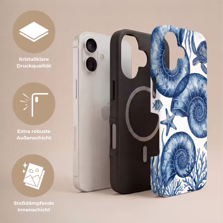 Schelp - Spiraal - Zeeleven - Aquarel - Blauw Toughcase MagSafe Apple iPhone 17 klein -USP_Lagen_DE