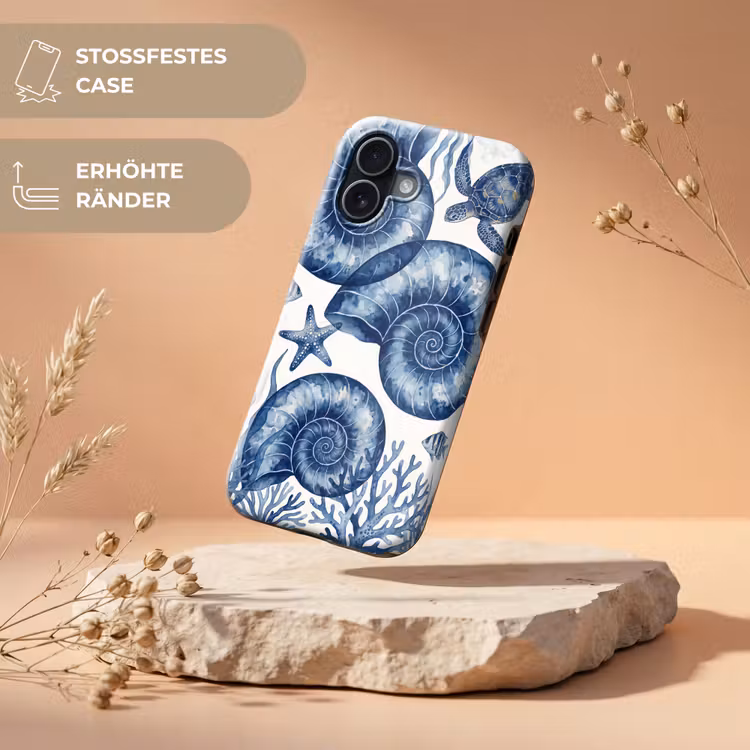 Schelp - Spiraal - Zeeleven - Aquarel - Blauw Toughcase MagSafe Apple iPhone 17 klein -USP_RandenV_DE
