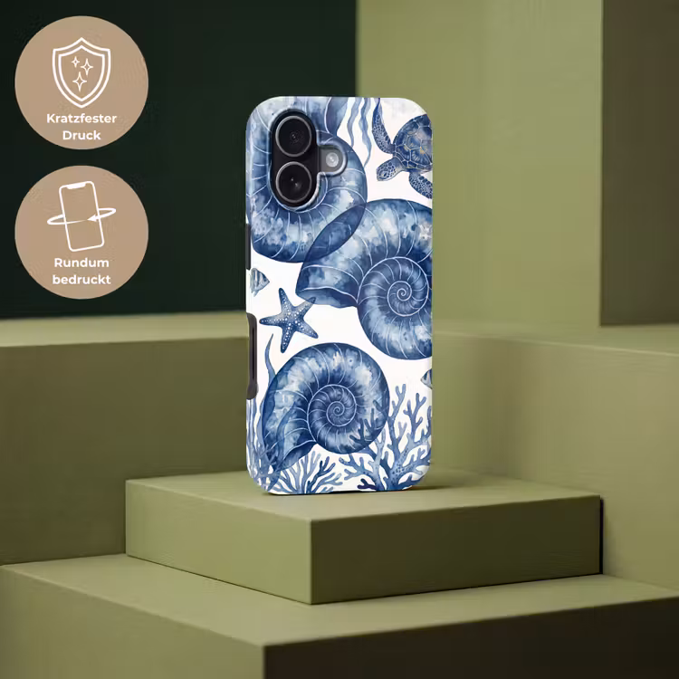 Schelp - Spiraal - Zeeleven - Aquarel - Blauw Toughcase MagSafe Apple iPhone 17 klein -USP_PrintM_DE