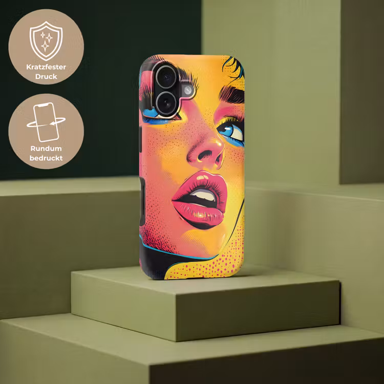 Close-up - Vrouwengezicht - Stippen - Geel Toughcase MagSafe Apple iPhone 17 klein -USP_PrintM_DE