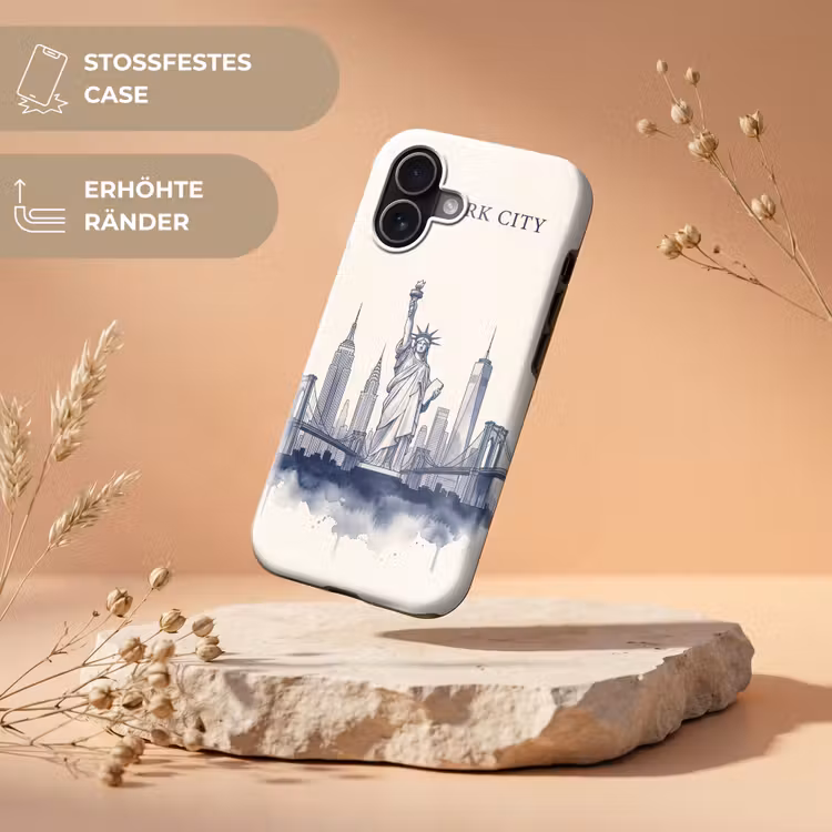 New York - Vrijheidsbeeld - Skyline - Illustratie - Blauw Toughcase MagSafe Apple iPhone 17 klein -USP_RandenV_DE