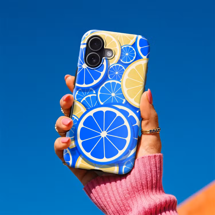 Fruit - Schijven - Patroon - Modern - Blauw - Geel Toughcase MagSafe Apple iPhone 17 klein -Sfeer1V