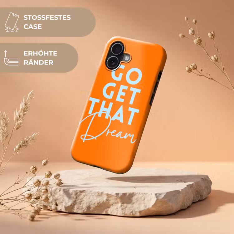 Oranje - Blauw - Go get that dream Toughcase MagSafe Apple iPhone 17 klein -USP_RandenV_DE