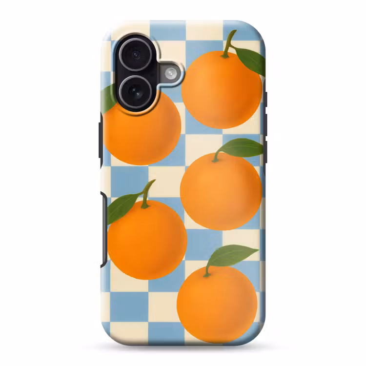 Sinaasappels - Blaadjes - Geblokt - Blauw Toughcase MagSafe Apple iPhone 17 klein -3d