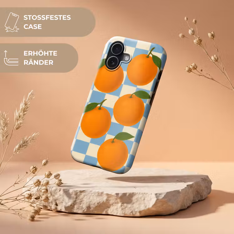 Sinaasappels - Blaadjes - Geblokt - Blauw Toughcase MagSafe Apple iPhone 17 klein -USP_RandenV_DE