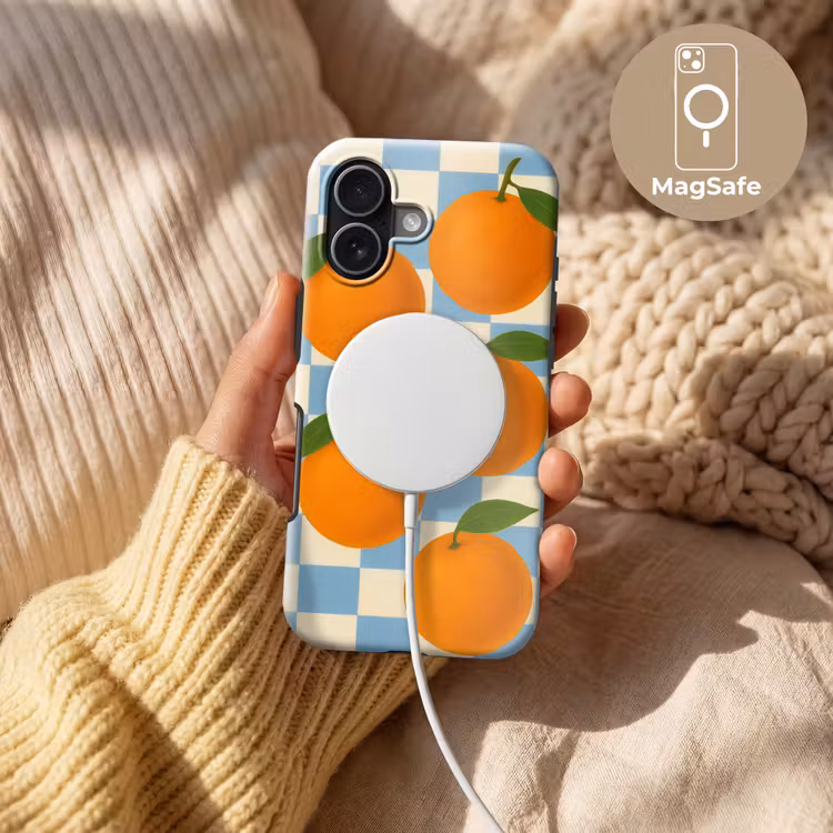 Sinaasappels - Blaadjes - Geblokt - Blauw Toughcase MagSafe Apple iPhone 17 klein -USP_MagsafeV
