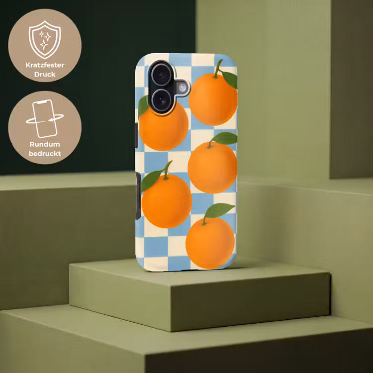 Sinaasappels - Blaadjes - Geblokt - Blauw Toughcase MagSafe Apple iPhone 17 klein -USP_PrintM_DE