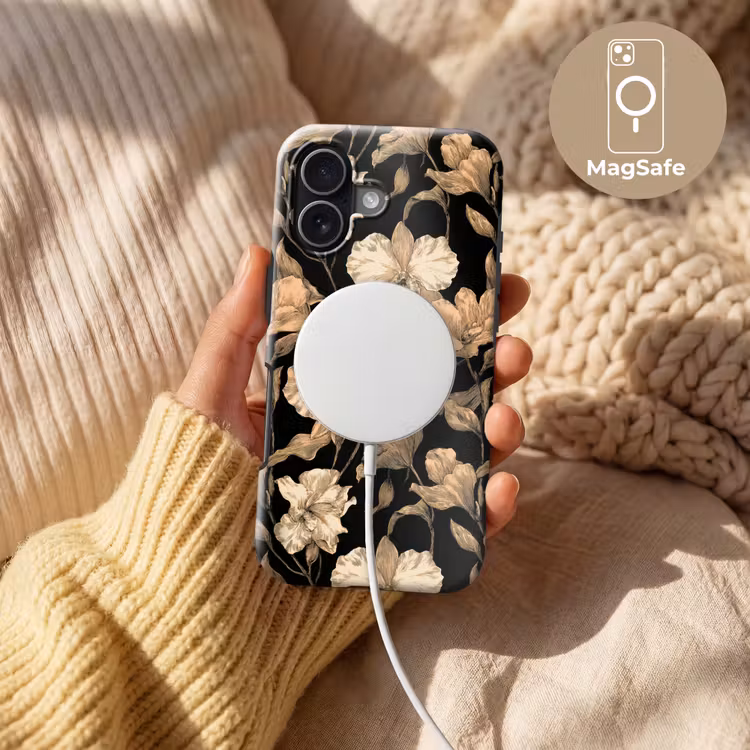 Orchideeën - Lijntekening - Patroon - Beige - Zwart Toughcase MagSafe Apple iPhone 17 klein 1017 -USP_MagsafeV