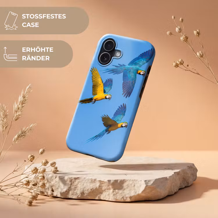 Papagaai - Vliegen - Blauw - Geel Toughcase MagSafe Apple iPhone 17 klein -USP_RandenV_DE