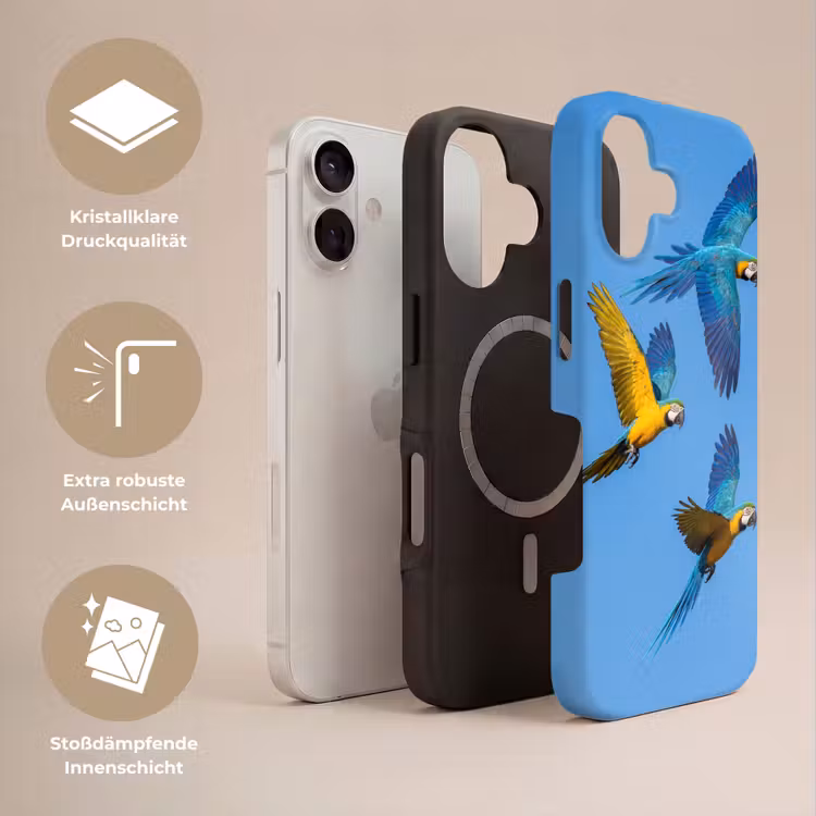 Papagaai - Vliegen - Blauw - Geel Toughcase MagSafe Apple iPhone 17 klein -USP_Lagen_DE
