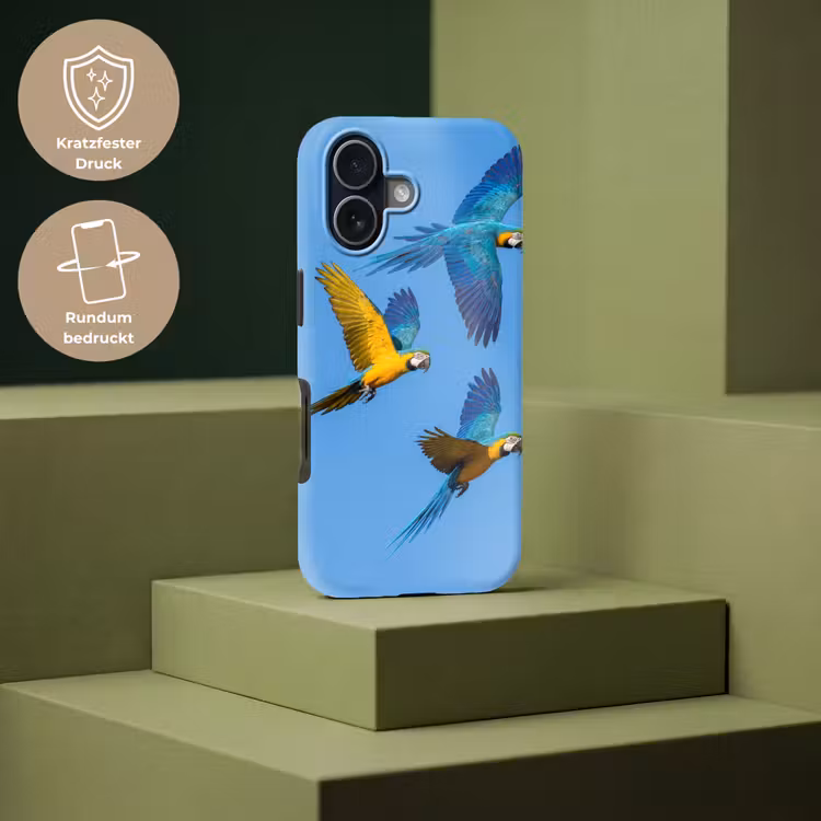 Papagaai - Vliegen - Blauw - Geel Toughcase MagSafe Apple iPhone 17 klein -USP_PrintM_DE