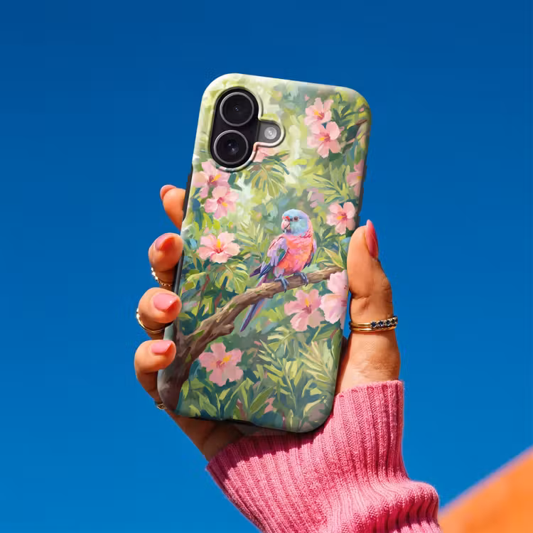 Papagaai - Hibiscusbloemen - Kleurrijk Toughcase MagSafe Apple iPhone 17 klein -Sfeer1V