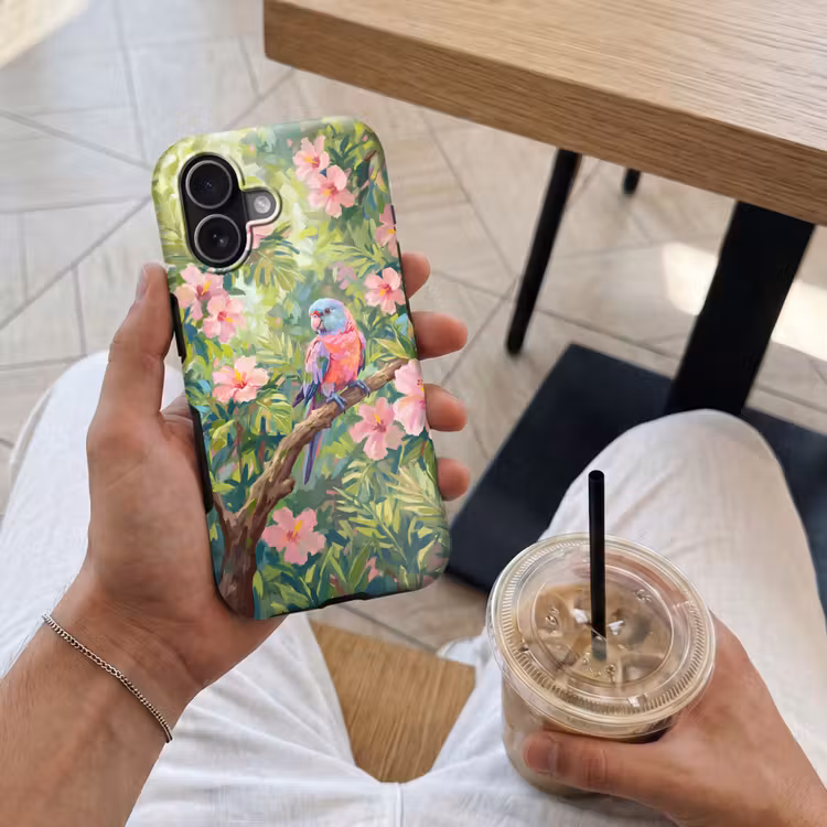 Papagaai - Hibiscusbloemen - Kleurrijk Toughcase MagSafe Apple iPhone 17 klein -Sfeer1M