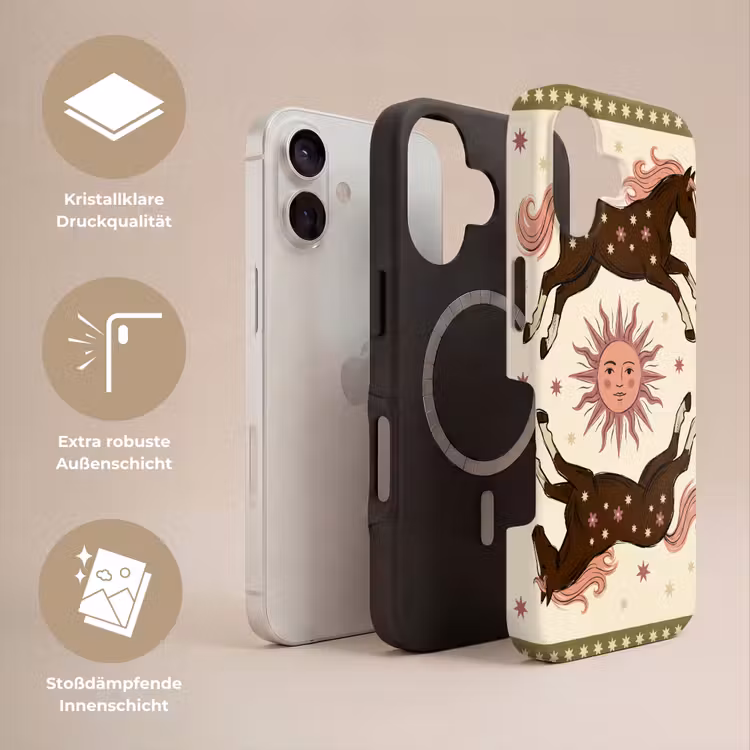 Paard - Zon - Mystiek - Illustratie - Roze Toughcase MagSafe Apple iPhone 17 klein -USP_Lagen_DE