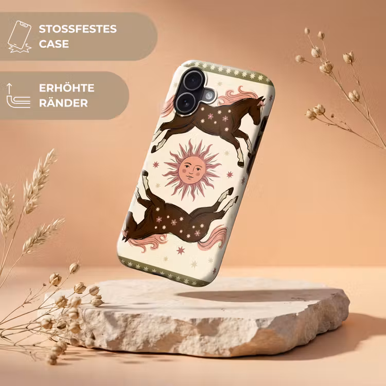 Paard - Zon - Mystiek - Illustratie - Roze Toughcase MagSafe Apple iPhone 17 klein -USP_RandenV_DE