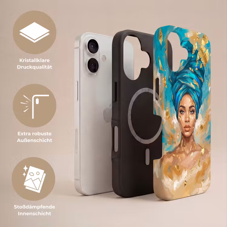 Portret - Vrouw - Schilderij - Blauw - Goud - Expressief Toughcase MagSafe Apple iPhone 17 klein -USP_Lagen_DE