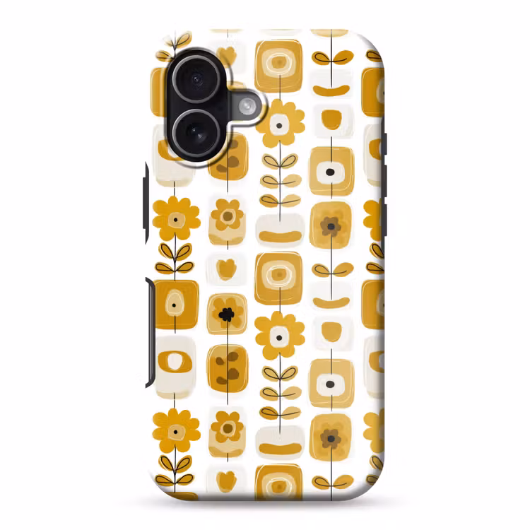 Retro - Abstract - Bloemen - Okergeel Toughcase MagSafe Apple iPhone 17 klein 1017 -3d