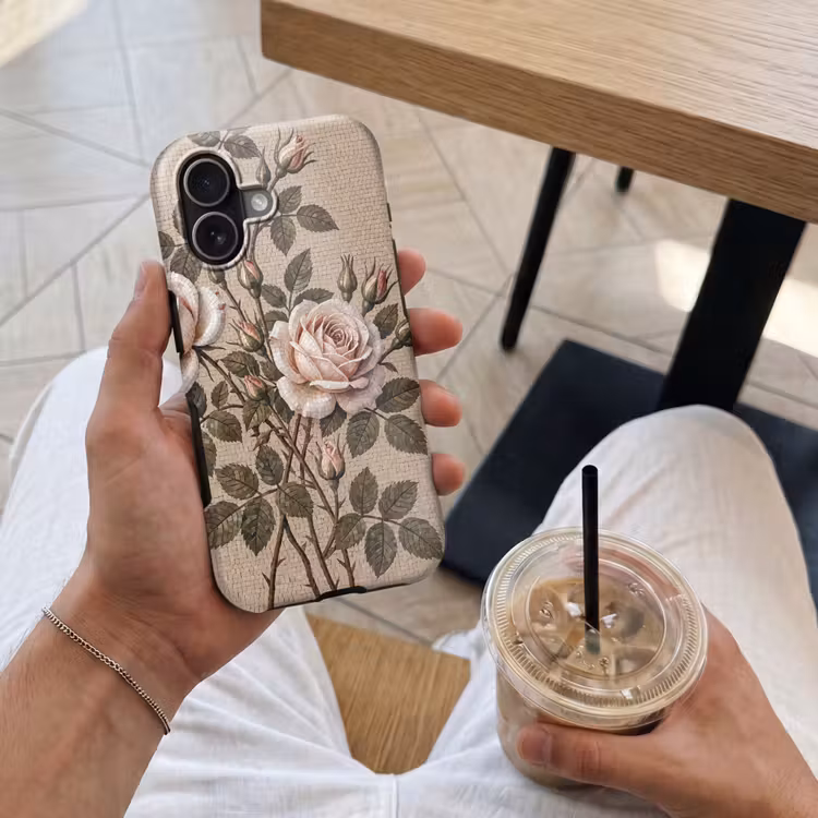 Roos - Mozaïek - Bloemen - Klassiek - Beige Toughcase MagSafe Apple iPhone 17 klein -Sfeer1M