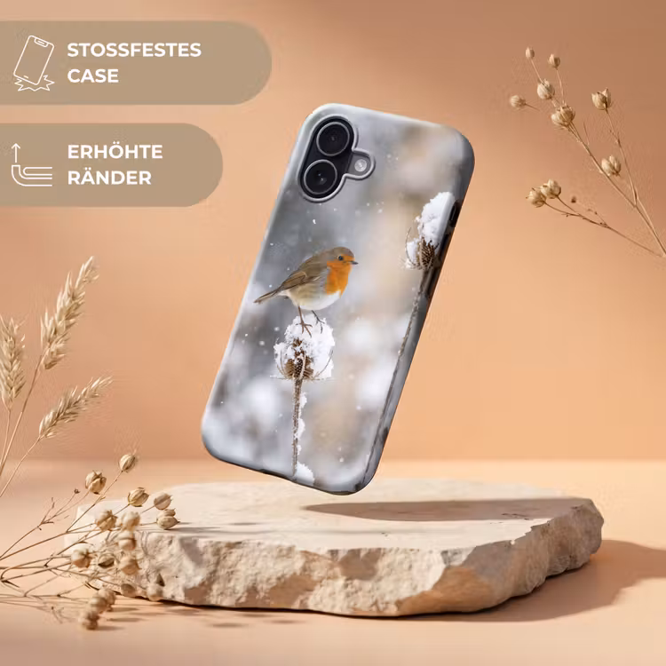 Roodborstje - Gedroogde bloem - Sneeuw - Winter - Vertederend Toughcase MagSafe Apple iPhone 17 klein -USP_RandenV_DE