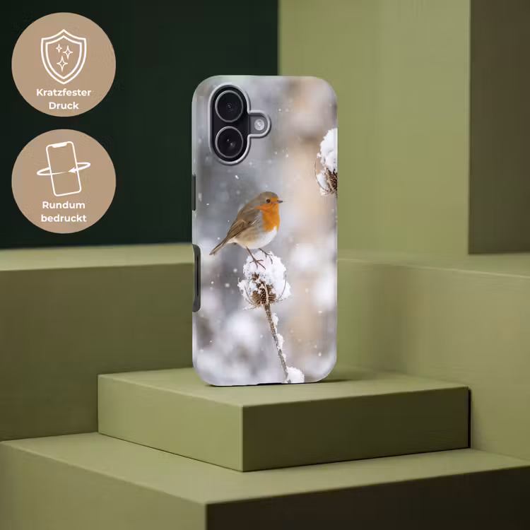 Roodborstje - Gedroogde bloem - Sneeuw - Winter - Vertederend Toughcase MagSafe Apple iPhone 17 klein -USP_PrintM_DE
