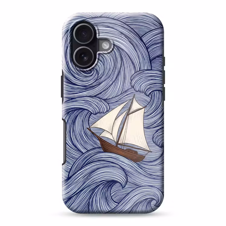 Schip - Golven - Zee - Illustratie - Blauw Toughcase MagSafe Apple iPhone 17 klein -3d