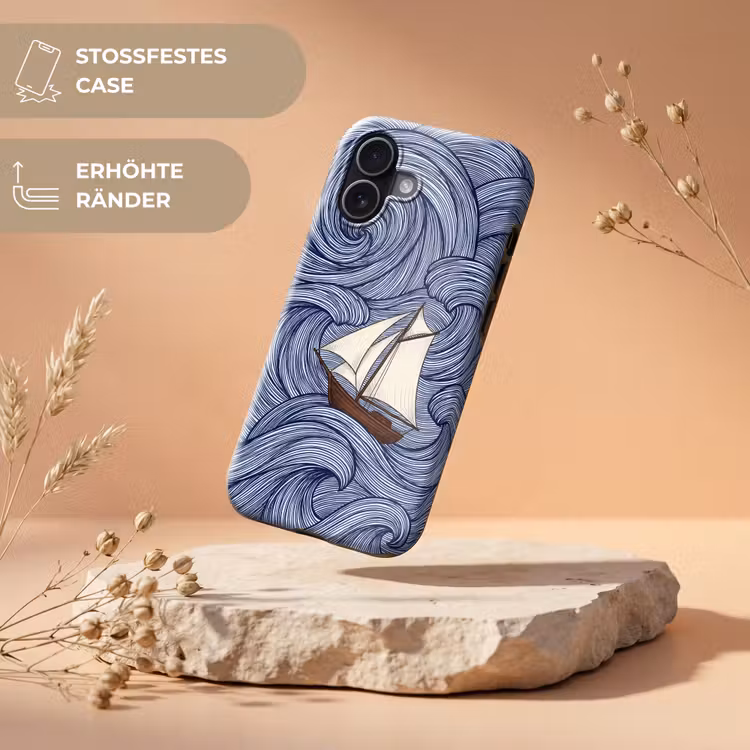 Schip - Golven - Zee - Illustratie - Blauw Toughcase MagSafe Apple iPhone 17 klein -USP_RandenV_DE