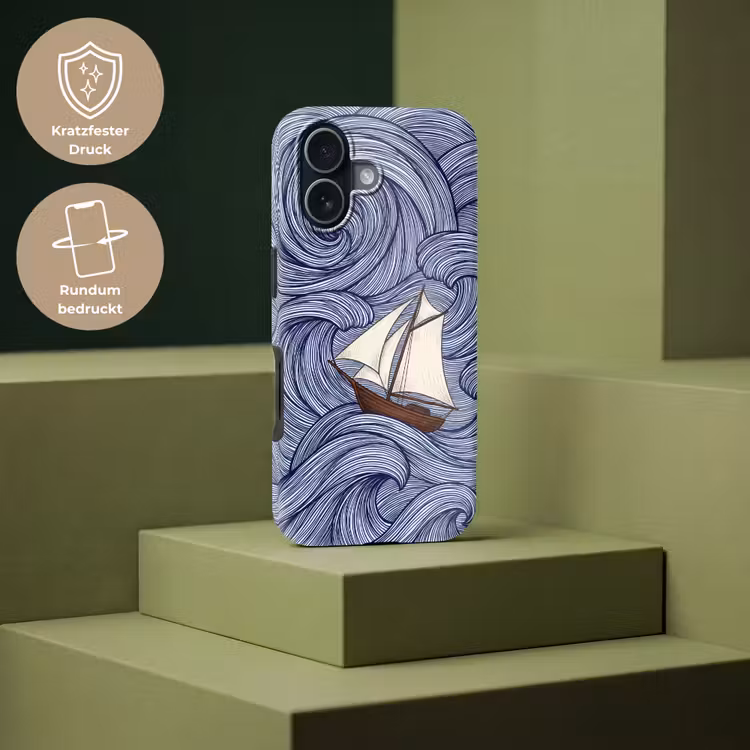 Schip - Golven - Zee - Illustratie - Blauw Toughcase MagSafe Apple iPhone 17 klein -USP_PrintM_DE