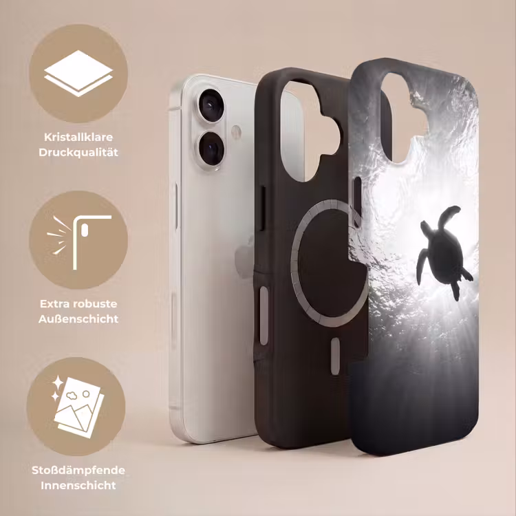 Schildpad - Onderwater - Lichtstralen - Oceaan - Zwart-wit Toughcase MagSafe Apple iPhone 17 klein -USP_Lagen_DE