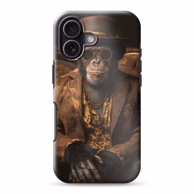 Chimpansee - Stoel - Pak - Bruin Toughcase MagSafe Apple iPhone 17 klein -3d