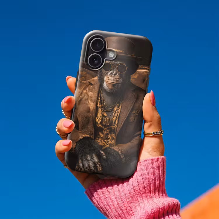 Chimpansee - Stoel - Pak - Bruin Toughcase MagSafe Apple iPhone 17 klein -Sfeer1V
