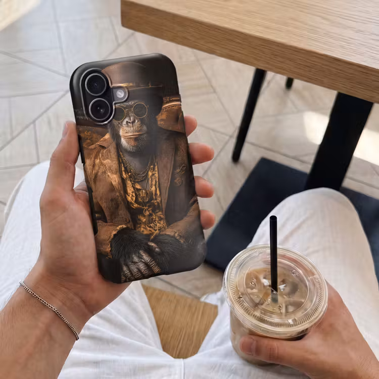 Chimpansee - Stoel - Pak - Bruin Toughcase MagSafe Apple iPhone 17 klein -Sfeer1M