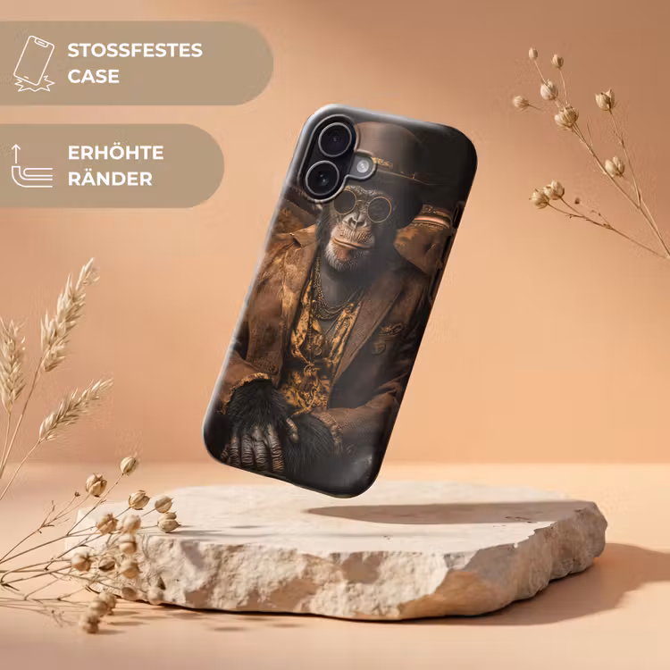 Chimpansee - Stoel - Pak - Bruin Toughcase MagSafe Apple iPhone 17 klein -USP_RandenV_DE