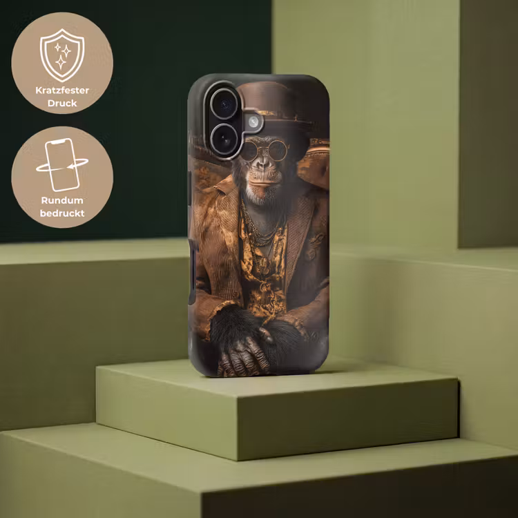 Chimpansee - Stoel - Pak - Bruin Toughcase MagSafe Apple iPhone 17 klein -USP_PrintM_DE