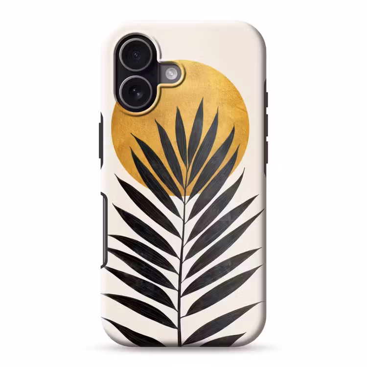 Zwart palmblad - Gouden cirkel - Beige achtergrond Toughcase MagSafe Apple iPhone 17 klein -3d