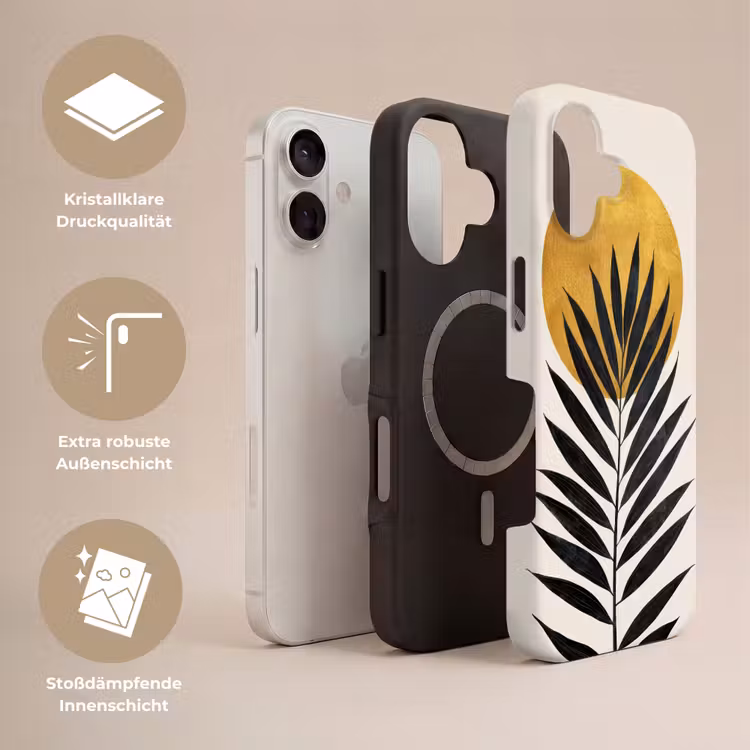 Zwart palmblad - Gouden cirkel - Beige achtergrond Toughcase MagSafe Apple iPhone 17 klein -USP_Lagen_DE