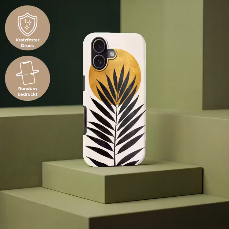 Zwart palmblad - Gouden cirkel - Beige achtergrond Toughcase MagSafe Apple iPhone 17 klein -USP_PrintM_DE