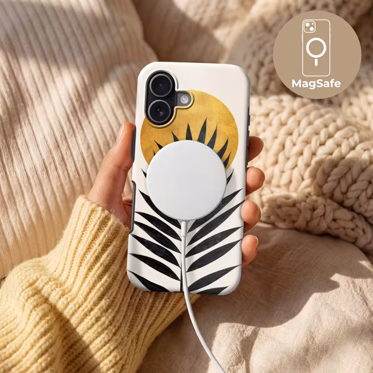 Zwart palmblad - Gouden cirkel - Beige achtergrond Toughcase MagSafe Apple iPhone 17 klein -USP_MagsafeV